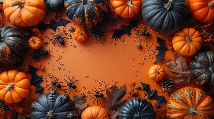 Wall Mural - happy halloween banner top view skull bones bats spiders pumpkins,skeleton hands on orange background