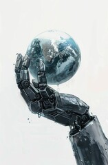 Wall Mural - A Mechanical Hand Holding Earth in a Digital Painting