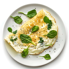 Wall Mural - Top view of egg omelette with spinach served on white plate isolated on a white background