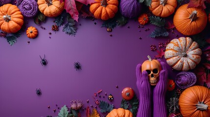 Wall Mural - happy halloween holiday concept festive banner template,pumpkins skull skeleton hands ghosts spiders on purple background flat lay top view