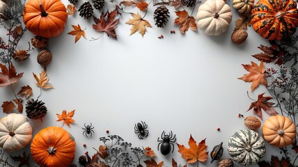 Wall Mural - happy halloween holiday concept frame made of halloween decorations ghosts bats spiders on white background flat lay top view copy space