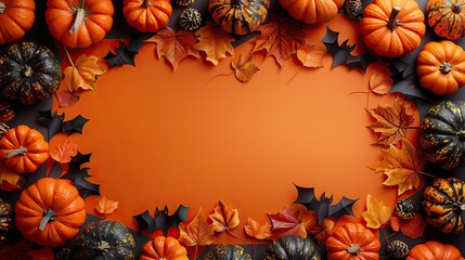 Wall Mural - happy halloween holiday concept halloween decorations pumpkins skeletons bats on orange background halloween party greeting card mockup,copy space flat lay top view overhead