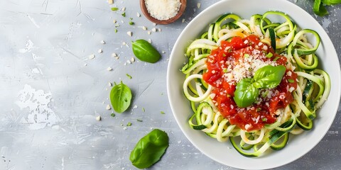 Wall Mural - Delicious Zucchini Noodles in Tomato Sauce with Parmesan Cheese Professional Photo with Copy Space and Selective Focus. Concept Food Photography, Zucchini Noodles, Tomato Sauce, Parmesan Cheese