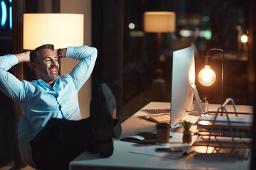 Aufkleber - Business, man and relax or happy at desk with target for web design, achievement and productivity at night. Mature designer, person and satisfied in office for completed work and done with project