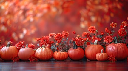 Wall Mural - happy thanksgiving concept autumn background,pumpkins,flowers on dark red table