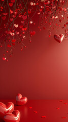 Poster - 3d rendering Valentine background on red color with valentine hearts and love theme for display product. ,copy space, High quality, +