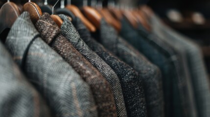 Poster - This image captures a row of well-crafted jackets displayed in an orderly fashion on wooden hangers in a high-end clothing store, emphasizing quality and style.