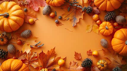 Wall Mural - happy thanksgiving day postcard design flat lay pumpkins dry oak leaves acorns cones on orange background autumn fall concept