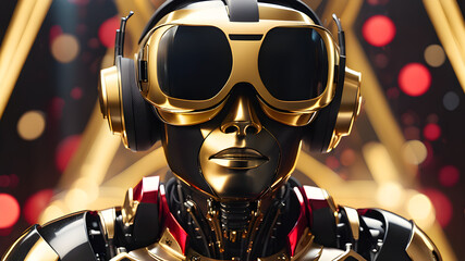 black Robot or android with golden VR Glasses and red Bokeh