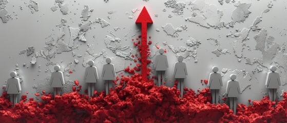 Leadership concept illustrated with a 3D render of a  person elevated on a red arrow, surrounded by a crowd of people , representing determination and success.