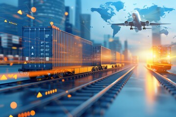 Freight train delivering cargo container with airplane taking off from global network city in background