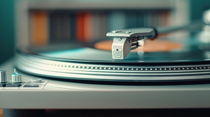 A detailed close-up shot of a turntable needle placed on a spinning vinyl record, capturing the nostalgic essence of analog music and vintage audio equipment.