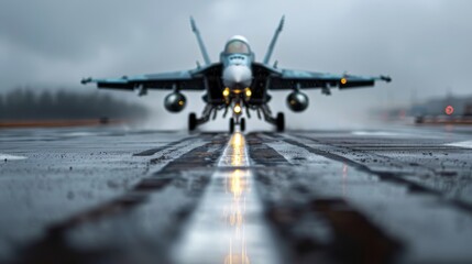 A powerful fighter jet prepares for takeoff on a wet runway, highlighted by reflections on the wet surface and surrounded by a dramatic, misty background, indicating readiness and power.