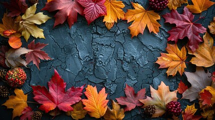 Poster - maple leaves,blank paper card mockup flat lay top view autumn background happy thanksgiving day greeting card template