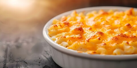 Wall Mural - Classic American Macaroni and Cheese with Crispy Cheddar Topping. Concept Comfort Food, Cheesy Dishes, Classic Recipes, Baked Pasta, Family Dinners