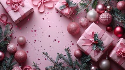 modern christmas background,gift boxes balls stars on pink flat lay top view