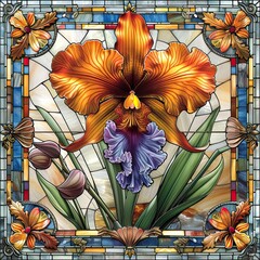 Wall Mural - Detailed stained glass panel featuring a vibrant iris in full bloom, surrounded by an ornate floral border with rich colors and intricate designs.
