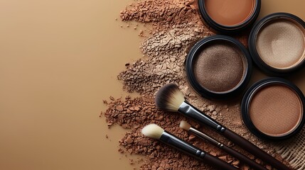 professional makeup tools make up products on brown background flat lay top view