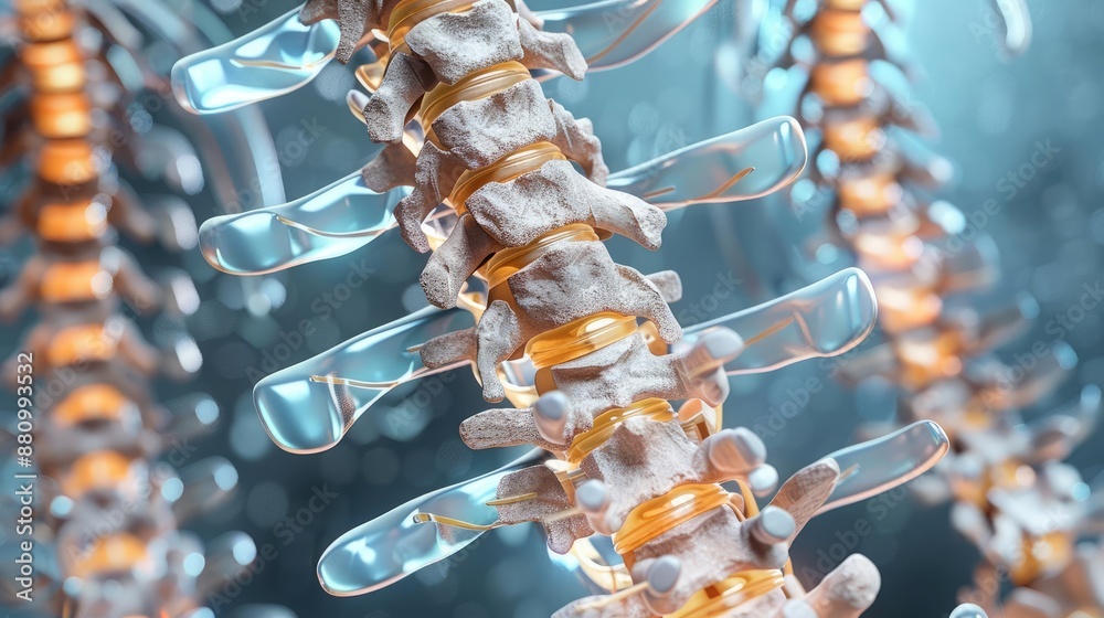 Realistic 3D illustration of the spinal column with vertebrae and discs ...