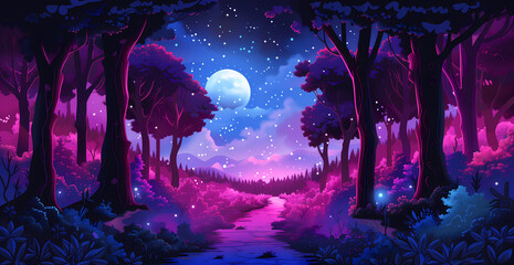 Canvas Print - neon forest road scenery at night woth moonlighe and full moon, stars in the sky, wood wallpaper with vivid lights