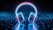 © Arnon  Parnnao - Futuristic headphones glowing with neon lights representing advanced technology and digital music experience in a modern tech environment.
