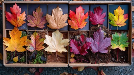 Wall Mural - set of colorful autumn maple leaves on brown background autumn fall concept flat lay top view