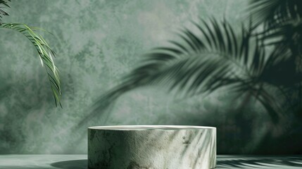 Wall Mural - Podium in gray stone with palm tree shadow on green background Setting for promoting eco friendly cosmetics