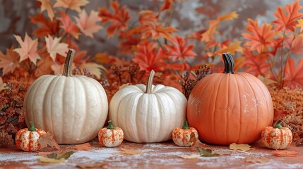 Canvas Print - still life of orange,white pumpkins,fall decorations on brown background top view flat lay