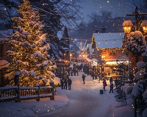 Wall Mural - a christmas tree is lit up in a snowy village