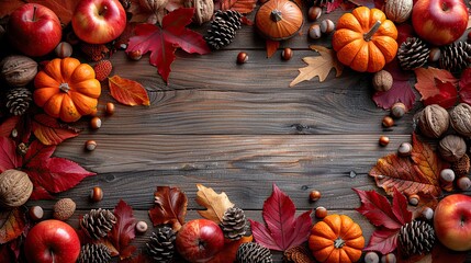 Wall Mural - thanksgiving background autumn frame made of colorful pumpkins fall leaves walnuts acorns apple on wooden table flat lay composition top view copy space