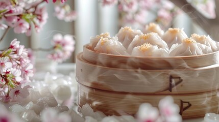 Canvas Print - Steaming Dumplings with a Cherry Blossom Ambiance