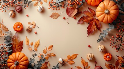 Wall Mural - vintage autumn flat lay composition,ripe pumpkins maple leaves cotton on pastel brown background