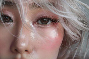 Poster - Close up of eye of young Asian woman with dewy skin and silver hair