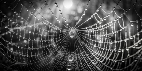 Dew Drops on a Spiderweb, Black and White, Macro, Nature Photography,  spiderweb, dew, macro
