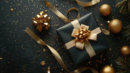 Canvas Print - Holiday handmade gift in gold ribbon on black background with decorations on colored table top view