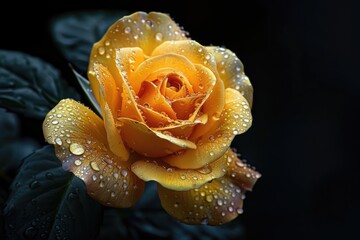 Yellow rose with drops of water on black background close-up image