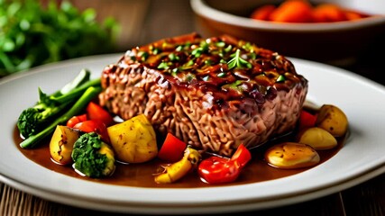 Canvas Print -  Deliciously prepared roast beef with a side of fresh vegetables