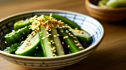 Wall Mural -  Freshly sliced cucumbers with sesame seeds ready to be savored