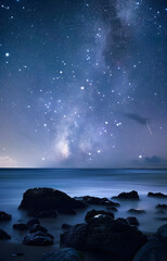 Wall Mural - Constellation over ocean with rocks in foreground.