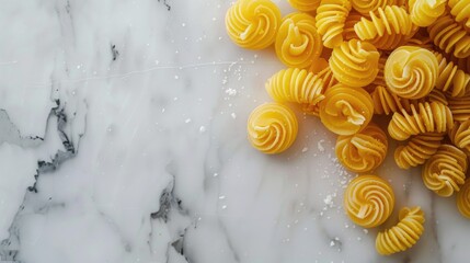 Sticker - Yellow macaroni on white marble with space for text