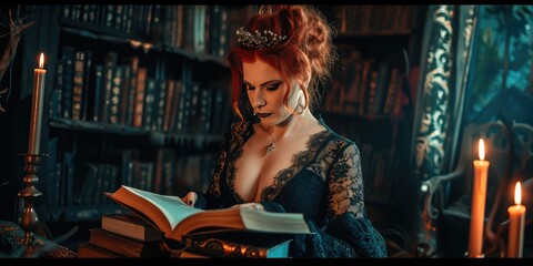 A witch, dressed in a mesmerizing lace dress, whispers an incantation from her spellbook, the candles' flickering light casting an alluring glow on her mystical craft.