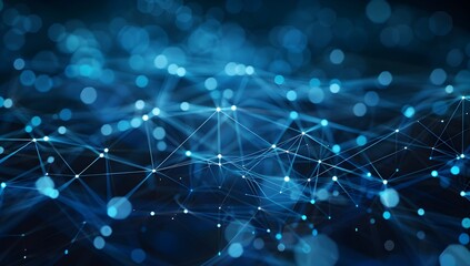  - Abstract blue background with digital network and connections, technology concept for web design or data transfer theme, dark blue color, white dots of different sizes on black gradient background, lo