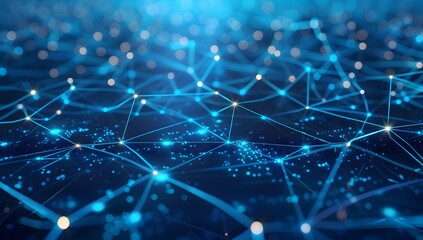 Poster - Abstract blue background with digital network and connections, technology concept for web design or data transfer theme, dark blue color, white dots of different sizes on black gradient background, lo