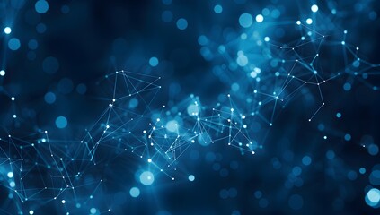 Poster - Abstract blue background with digital network and connections, technology concept for web design or data transfer theme, dark blue color, white dots of different sizes on black gradient background, lo