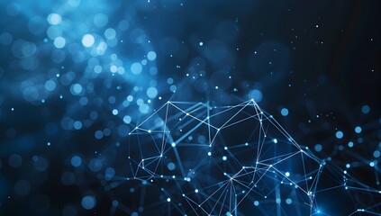Poster - Abstract blue background with digital network and connections, technology concept for web design or data transfer theme, dark blue color, white dots of different sizes on black gradient background, lo