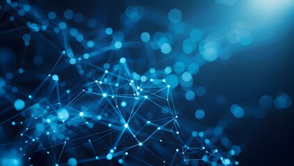 Poster - Abstract blue background with digital network and connections, technology concept for web design or data transfer theme, dark blue color, white dots of different sizes on black gradient background, lo