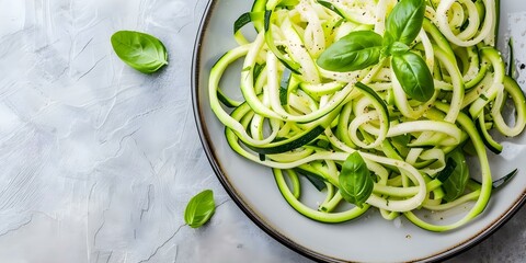 Poster - Zucchini Noodles with Basil and Parmesan Served on a Rustic Plate. Concept Zucchini Noodles, Cooking Recipe, Basil and Parmesan, Rustic Plate, Healthy Meal