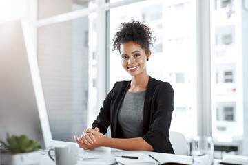 Poster - Computer, portrait and woman in office, smile and business lawyer with notebook, legal research and online. Law firm, attorney and ready for helping, notes and preparation for contract and person