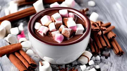 Sticker -  Indulge in a cozy treat with this warm chocolate mug filled with marshmallows and cinnamon sticks