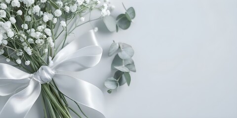 Wall Mural - Elegant Wedding Desktop Mockup with Baby's Breath, Gypsophila, Eucalyptus, and Satin Ribbon. Concept Wedding, Desktop Mockup, Baby's Breath, Gypsophila, Eucalyptus, Satin Ribbon